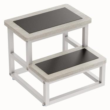 Imagem de SZLHANJZ Bancos De Degrau, Banco Degrau Resistente Para Crianças E Adultos, Metal Madeira Antiderrapante Com 2 Degraus Camas Altas Cozinha, Canto Redondo, Capacidade 227 Kg, Carvalho Branco