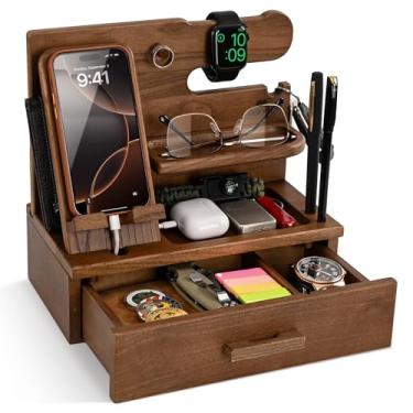 Imagem de TESLYAR Estação de ancoragem de telefone de madeira com gaveta - organizador de mesa de cabeceira - organizador de mesa para marido - presentes de aniversário para homens, pai, ideia de aniversário