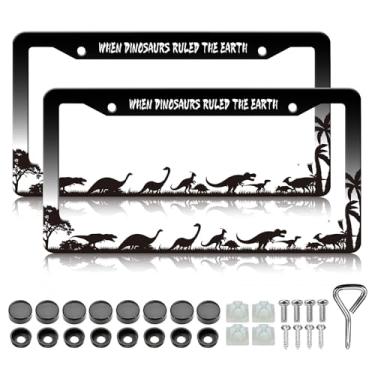 Imagem de Moldura para placa de licença When Dinosaurs Ruled The Earth - 2 peças capas engraçadas de alumínio para placa de carro de alumínio, à prova de ferrugem, à prova de ferrugem, molduras decorativas para