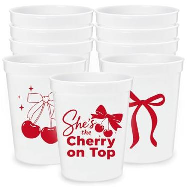 Imagem de SJcysrilla 12 peças She's The Cherry On Top Cups Fruit Themed Bachelorette Party Decorações 473 g She's the Cherry on Top Artigos de decoração de festa de chá de bebê vermelho