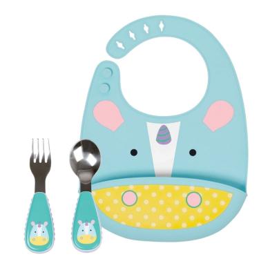 Imagem de Kit de Refeição com Babador Cata Migalhas de Silicone e Talheres Zoo Unicórnio - Skip Hop
