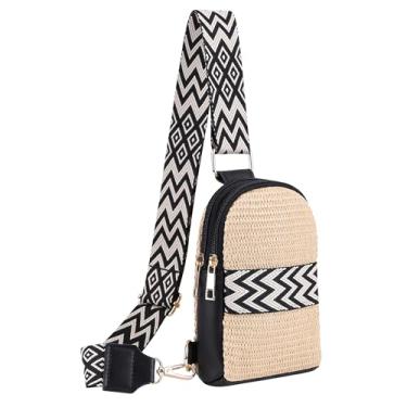 Imagem de Cynure Bolsa feminina transversal de palha pequena bolsa de praia com zíper pochete, Preto, One Size