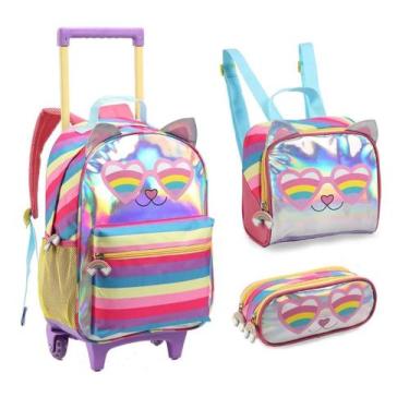 Imagem de Kit Mochila Escolar Infantil menina gatinha Com Rodinhas - denlex