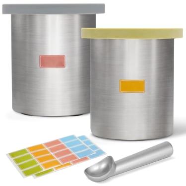 Imagem de Garrafas e tampas de aço inoxidável de substituição para recipientes Ninja Creami, compatível com a cafeteira Ninja Creami NC500, NC501, CN501CO Deluxe Series – 2 pacotes de 680 g, inclui etiquetas