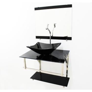 Imagem de Kit Gabinete 60Cm Cuba Retangular  Mármore Preto + Torneira