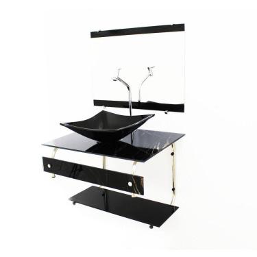 Imagem de Kit Gabinete 60Cm Cuba Quadrada  Mármore Preto + Torneira