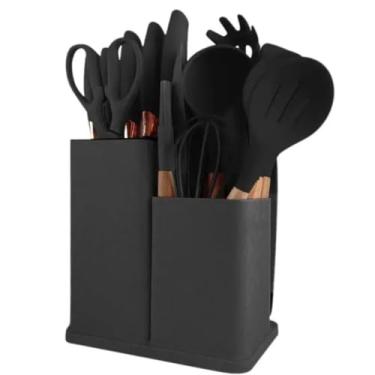 Imagem de Kit de Utensílios de Cozinha em Silicone, 19 Peças Cabo de Madeira com Suporte e Tábua de Corte Premium (preto)