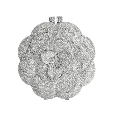 Imagem de DJBM Bolsa feminina vintage floral de cristal de strass rosa bolsa clutch diamante noite bolsas para festa casamento coquetel formatura, Prata nº 1