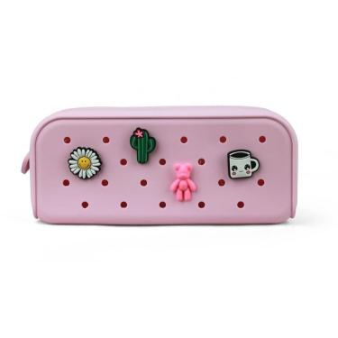Imagem de Estojo Escolar Silicone Com 4 Pingentes Charm Polibras Rosa