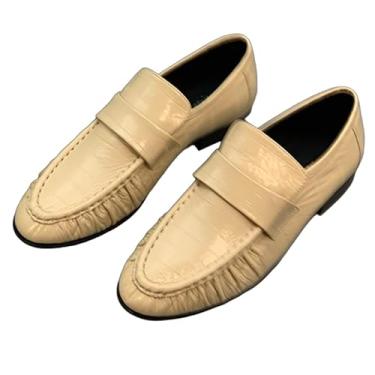 Imagem de Mocassins femininos plissados de couro EEL da moda britânica, mocassins sem cadarço, sapatos femininos de couro genuíno, Bege, 38