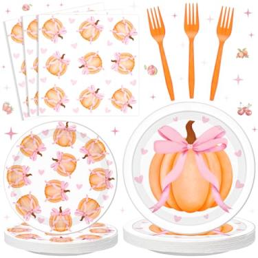 Imagem de Havawish 96 peças de pratos e guardanapos de papel de abóbora rosa outono chá de bebê decoração de festa arco coquete aniversário festa de casamento conjunto de utensílios de mesa um pouco de abóbora