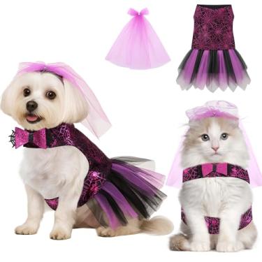 Imagem de Huhumy Vestido de Halloween para cachorro, teia de aranha, saia de tule com véu de laço, roupas de fantasia de gato, roxo, animal de estimação, cosplay, roupa para festa de Halloween, Natal, filhotes