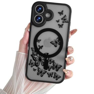 Imagem de Yeddabox Capa compatível com 17 com MagSafe, capa preta borboleta 17 para mulheres e meninas, capa fina à prova de choque macia TPU bumper rígida PC capa de telefone traseira - borboleta preta