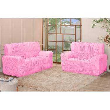 Imagem de Kit Capa para Sofá 3 e 2 Lugares, Malha Gel Poliéster, 21 Elásticos, Ajuste Coladinho, Estilo Contemporâneo (ROSA)