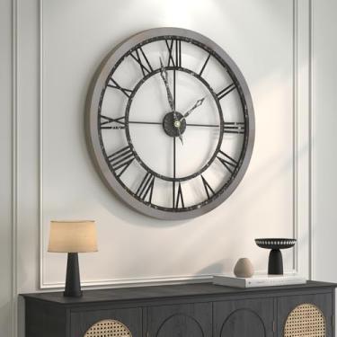 Imagem de Relógio de parede extragrande 91 cm, relógios de parede decorativos de metal de madeira para sala de estar, relógio de fazenda silencioso sem tique-taque operado por bateria, numerais romanos para