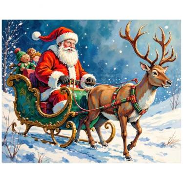 Imagem de Kit de pintura de Natal por números para adultos – DIY Papai Noel em trenó com rena e brinquedos pintura em tela 40,6 x 50,8 cm, conjunto de tinta acrílica para iniciantes, arte de férias para