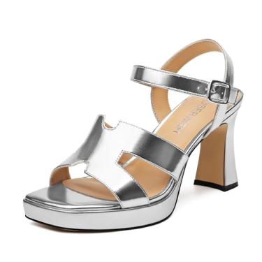 Imagem de ROSERWISH Sandálias femininas grossas de salto alto com plataforma – bico aberto quadrado, vestido de festa de casamento, sexy, confortável, salto de formatura com tira no tornozelo e design de tiras