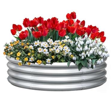 Imagem de KING BIRD Canteiro de jardim elevado galvanizado redondo caixa para jardinagem, plantas, vegetais, flores, prata, 120 x 120 x 30 cm