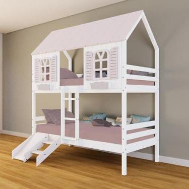 Imagem de Beliche Casinha Bela Kit Escada/Escorregador - Madeira Maciça Branco/R