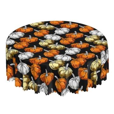 Imagem de NeuKim Toalha de mesa de outono laranja branca amarela abóbora redonda 152 cm capa de toalha de mesa de Ação de Graças tapete à prova de derramamento para cozinha, festa, jantar, decoração de mesa
