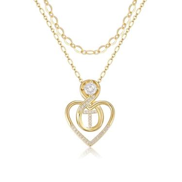 Imagem de TANTIUE Colares femininos com letras de coração banhado a ouro 14 K, zircônia cúbica, coração com inicial em camadas, pingente infinito para sua letra A - Z, joia feminina, adjustable, Latão, Zircônia