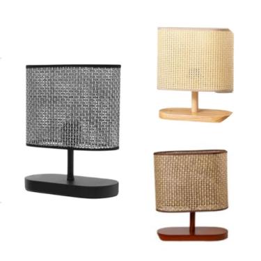 Imagem de Luminária de Mesa Minimalista 30cm com Base em Madeira e Cúpula de Palha Natural – Abajur Decorativo(Preto)