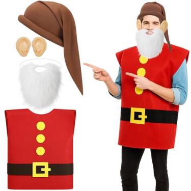 Imagem de Chicingyou Conjunto de 4 peças de fantasias de anão de Halloween para fantasia de anão, camiseta de gnomo, chapéu de elfa, fada, duende, orelhas de elfo, barba branca falsa para festa de Halloween