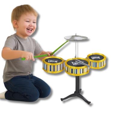 Imagem de Mini Bateria Musical Infantil, 7 Peças, 3 Tambores e Prato, Vermelho, Azul e Amarelo, 36,5 x 40,5 cm