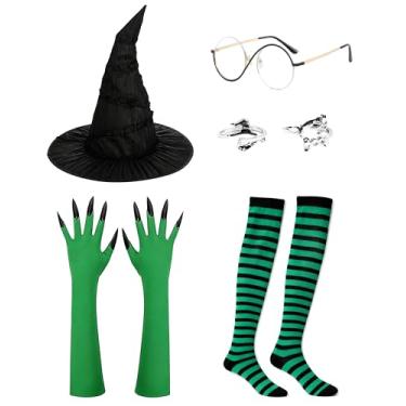 Imagem de Witch Costume Set for Women Girls 6PCS Halloween Wicked Witch Costume Accessories with Hat Glasses Green Gloves Socks Ring Adult Halloween Costume Accessories for Cosplay Fantasy