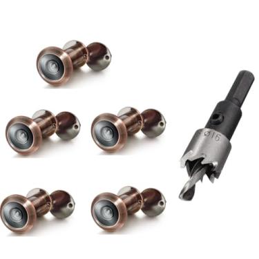 Imagem de TOGU 5 peças de furos de latão sólido de 220 graus para porta com broca de 16 mm, olho mágico de porta de 1,6 cm com privacidade, compatível com porta grossa de 3,5 cm a 6,5 cm, acabamento de cobre