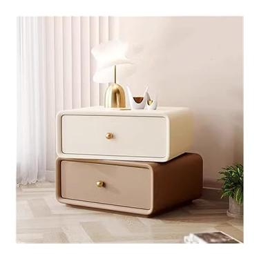 Imagem de Mesa de cabeceira totalmente de madeira maciça com gavetas duplas giratórias de cabeceira mesa de cabeceira moderna simples cor sólida móveis de cabeceira quarto mesa de cabeceira de canto redondo