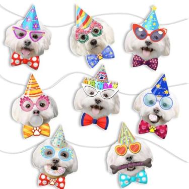 Imagem de Guirlanda de aniversário de cachorro maltês, faixa fotográfica de aniversário de rostos malteses, decoração engraçada de festa de aniversário de cachorro de Malta