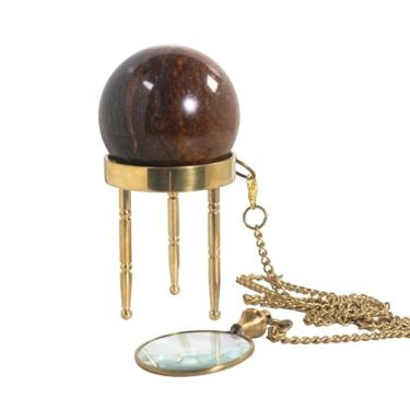 Imagem de Esfera de pedra jaspe marrom feita à mão com suporte de latão e pingente de lupa vintage – bola de cristal de pedra preciosa natural para decoração de casa, mesa e colecionadores