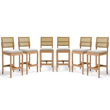 Imagem de Kit Com 6 Banqueta Milena Madeira Maciça Assento Estofado Encosto De Tela Palha Sextavada