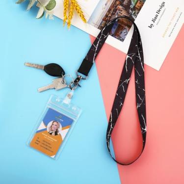 Imagem de Cordão com suporte de identidade, cordões bonitos para mulheres e homens, cordão de pescoço longo para chaves, vertical, impermeável, transparente, crachá, mármore preto
