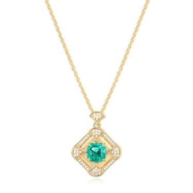 Imagem de Colar com pingente de losango, banhado a ouro 14K, elegante, esmeralda, refinada, para mulheres, corrente ajustável