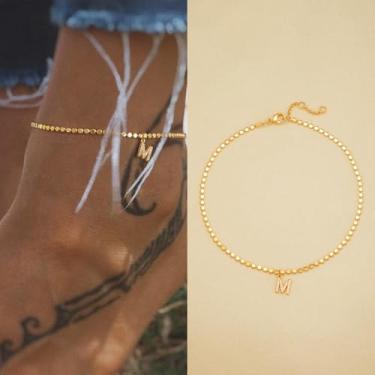 Imagem de Tornozeleira feminina de ouro 14K com inicial inicial de contas, corrente de contas simples, verão, praia, joias modernas, One Size, Latão Metal Ouro amarelo, Zircônia cúbica