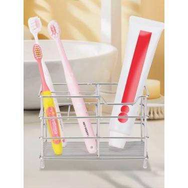 Imagem de Suporte de escova de dentes e pasta de dente de aço inoxidável 304 - Organizador de banheiro moderno com orifícios de drenagem - Armazenamento minimalista de bancada para pia (prata pequena)