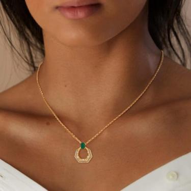 Imagem de Colar com pingente de ouro para mulheres, banhado a ouro 14 K, pingente de zircônia cúbica brilhante, feito à mão, joia para presente, Medium, Latão, Sem Pedra Preciosa