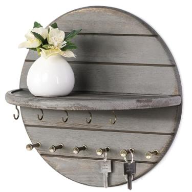 Imagem de Rebee Vision Suporte de parede rústico de madeira de pinho - Suporte de parede moderno para chave e correio para parede com prateleira e ganchos - Eleve seu espaço com estética chique decoração de