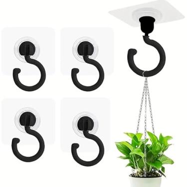 Imagem de 5 ganchos de teto adesivos rotativos – sem broca, fácil instalação para pendurar plantas, lanternas e sinos de vento – cabides adesivos versáteis em preto para decoração de casa e jardim
