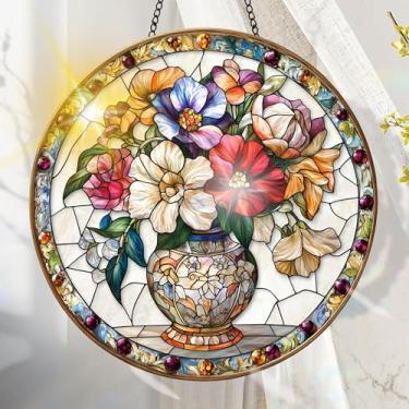 Imagem de Suncatcher acrílico colorido, decoração de janela suspensa de flores com design de vitral impresso, apanhador de sol, arte de parede de arco-íris, ideia de presente e ornamento de jardim, uso interno