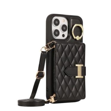 Imagem de Carteira de anel crossbody com porta-cartão capa de telefone para iPhone 15 14 13 12 11 Pro Max 7 8 Plus XR X XS Capa de couro, preta, para iPhone 7Plus (8Plus)