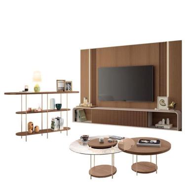 Imagem de Home Suspenso Empire Castanho Off White E Aparador Infinity E Kit Mesa De Centro Sky Castanho- Hb Móveis