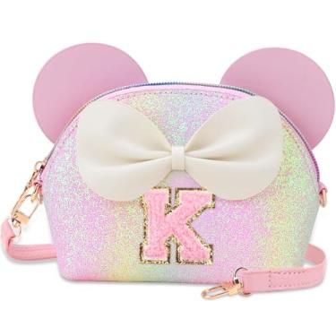 Imagem de Kejea Bolsa infantil para presentes infantis - Carteira de princesa, bolsa tiracolo com flores de pérolas, bolsas de ombro fofas com inicial, Glitter Rainbow