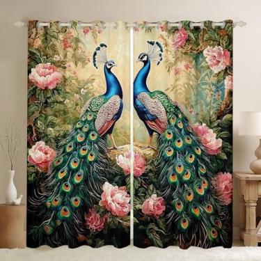 Imagem de Erosebridal Cortinas blackout pavão pavão com flores de peônia 2 conjuntos de painéis 106,7 cm L x 153 C vintage flores florais tratamentos de janela cortinas para quarto/sala de estar decoração de