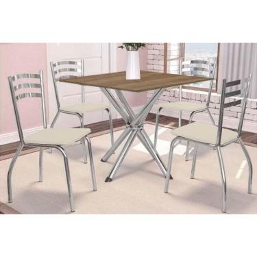 Imagem de Conjunto Mesa Sala Jantar Volga Com Tampo De Madeira 90cm E 4 Cadeiras Portugal Cromada Nogueira Bege Kappesberg