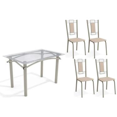 Imagem de Conjunto: Mesa Sala Jantar Elba C- Tampo De Vidro 120cm E 4 Cadeiras Florença Niquel - Courano Bege - Kappesberg