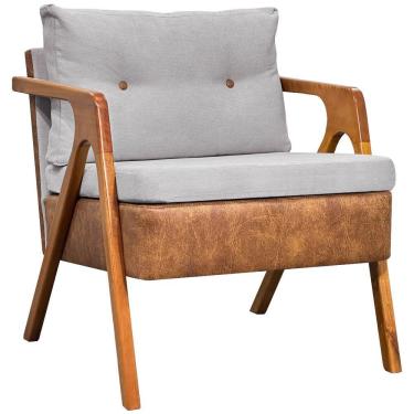 Imagem de Poltrona Linho Moderna Laura Corino Com Linho Pé Castanho - Bege, Linho