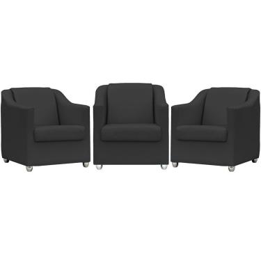 Imagem de Kit 3 Poltronas Mila Corino Cores Pé De Plástico Cromado - Preto Corino